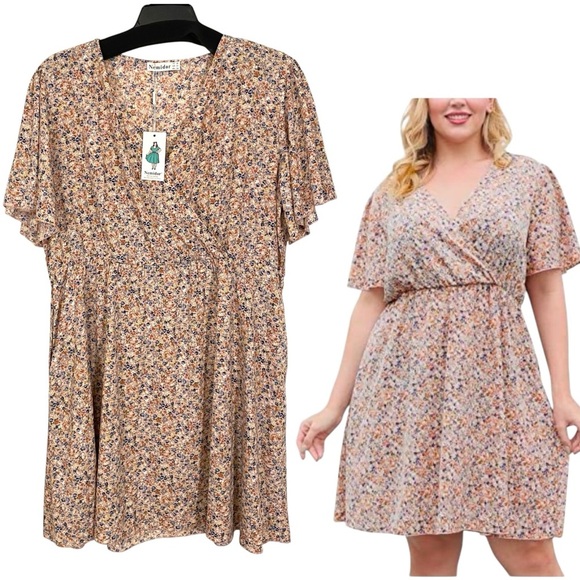 NEW Nemidor Size US 22 V-Neck Boho Swing Wrap Dress Pockets Coral Pink Floral - Picture 1 of 8